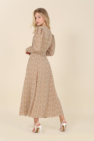 Floral Print V-Neck Puff Sleeve Maxi Dress