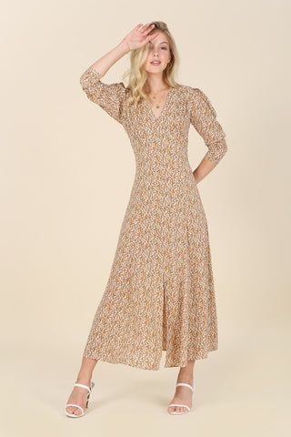 Floral Print V-Neck Puff Sleeve Maxi Dress