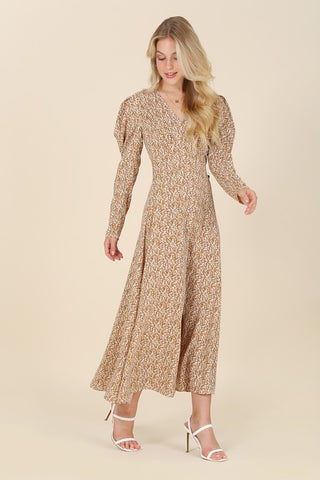 Floral Print V-Neck Puff Sleeve Maxi Dress