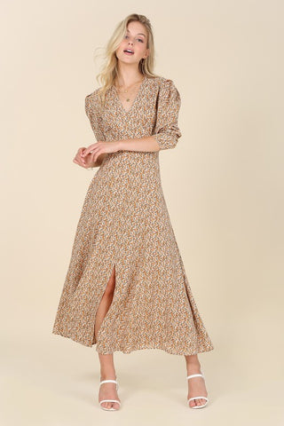 Floral Print V-Neck Puff Sleeve Maxi Dress