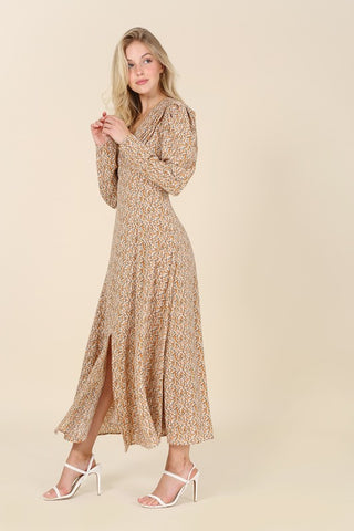 Floral Print V-Neck Puff Sleeve Maxi Dress