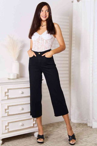 Black High Waist Wide Raw Hem Cropped Jeans