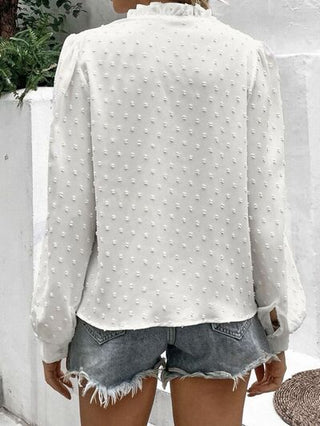 Swiss Dot Lace Detail Button Up Long Sleeve Blouse