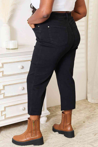 Black High Waist Wide Raw Hem Cropped Jeans