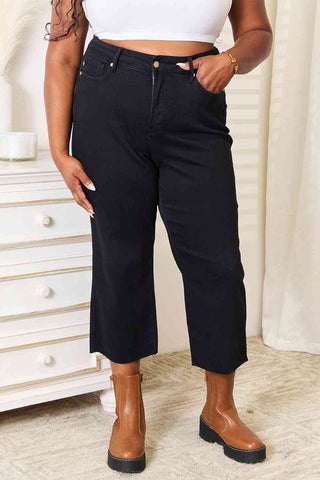 Black High Waist Wide Raw Hem Cropped Jeans