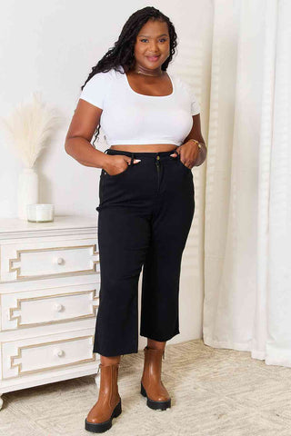 Black High Waist Wide Raw Hem Cropped Jeans