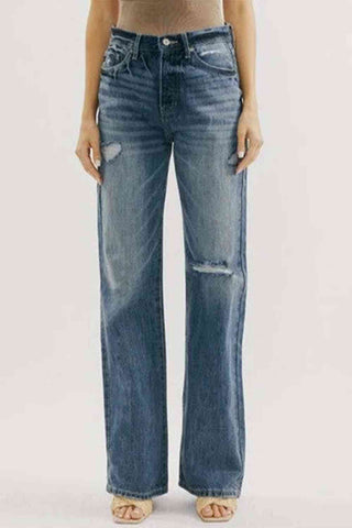 Straight Leg Distressed Washed Jeans