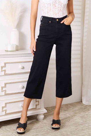 Black High Waist Wide Raw Hem Cropped Jeans