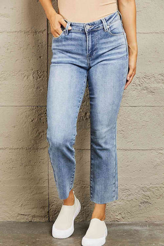 Mid Rise Cropped Raw Hem Slim Jeans