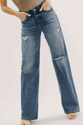 Straight Leg Distressed Washed Jeans