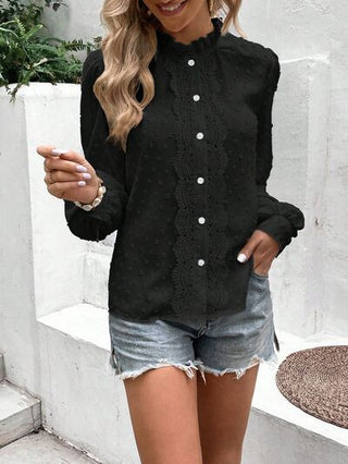 Swiss Dot Lace Detail Button Up Long Sleeve Blouse